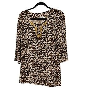 Cato Top Women Large Brown Cheetah Print Stretch Knit Tunic Beaded‎ 3/4 Sleeve